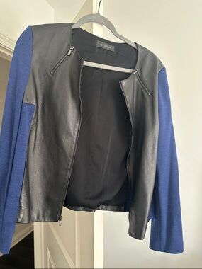 St. John Black Leather Jacket with Royal Blue Knit Sleeves